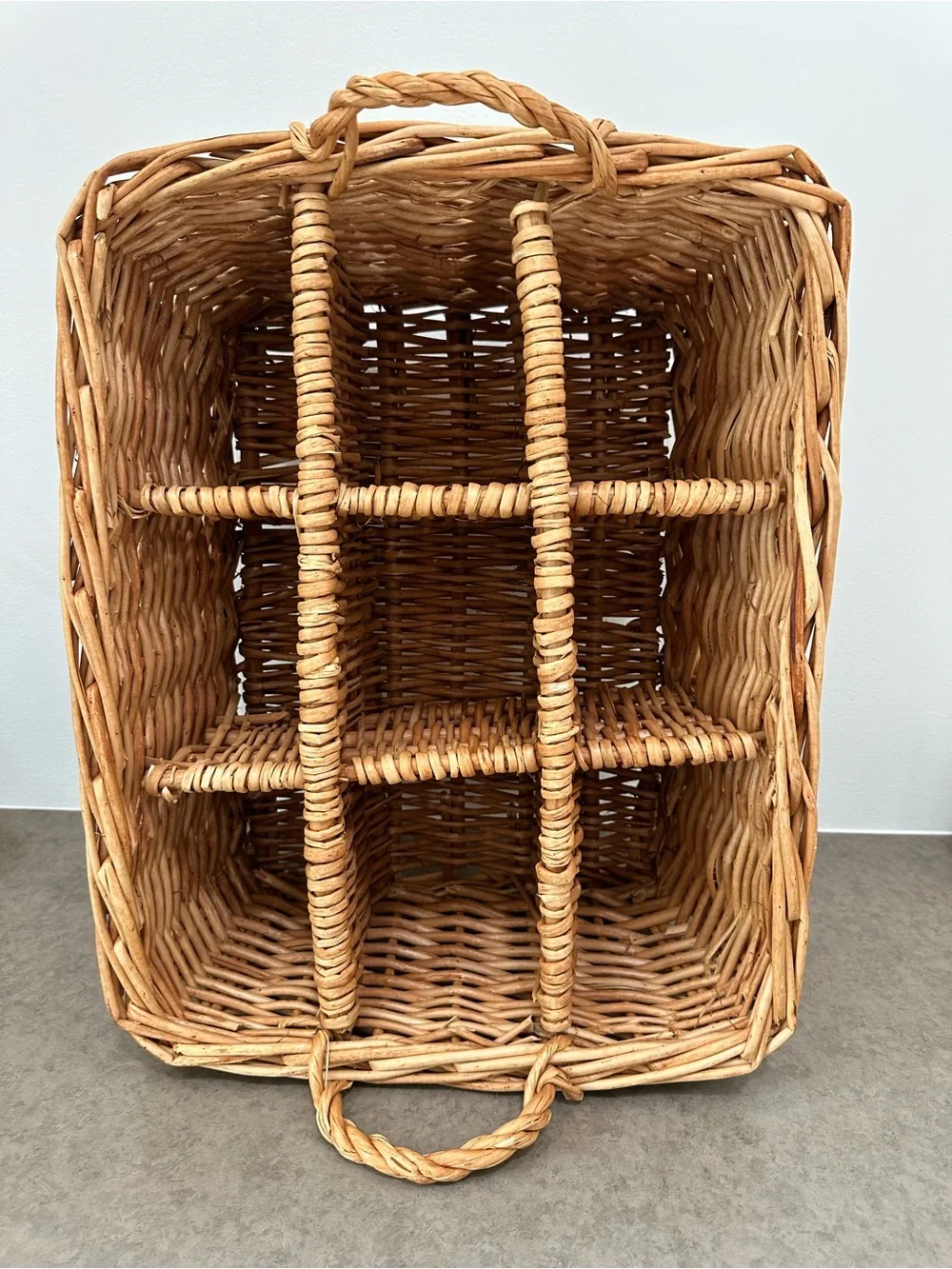 Vintage Woven Rattan Wicker Large Storage Basket 9 Compartments Handles Natural